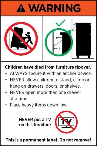 Example warning label for category 1 and 3 furniture