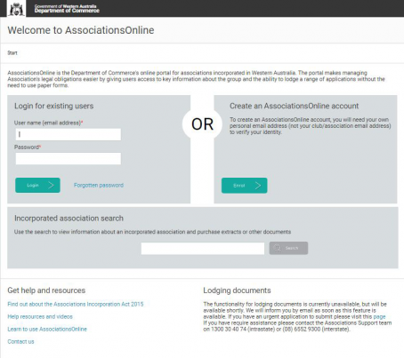 AssociationsOnline Welcome screen